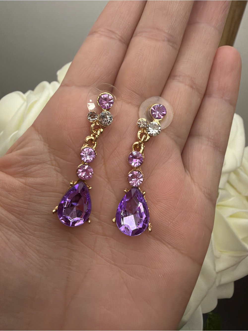 Gold-Tone Purple Crystal Drop Earrings